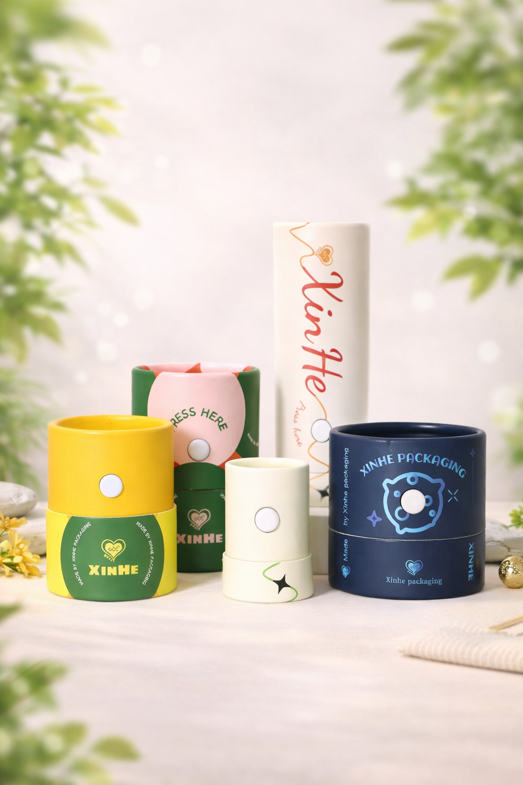 Colorful custom paper tube packaging with specialty closure buttons