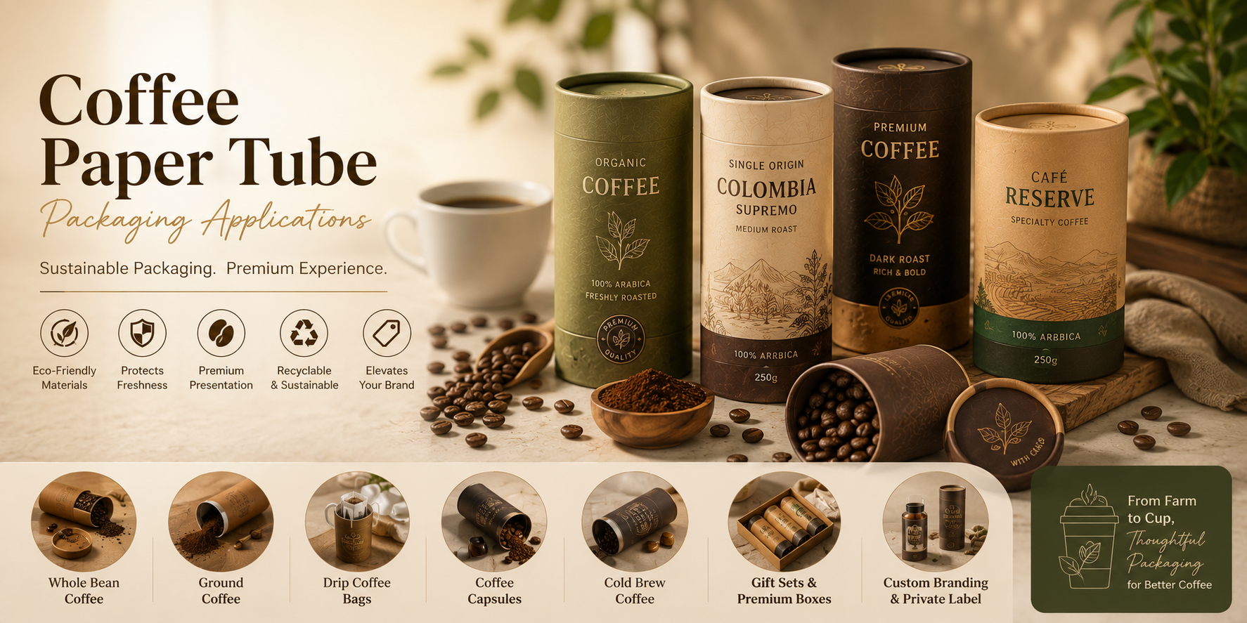 Custom coffee paper tube packaging for coffee beans ground coffee and specialty coffee gift sets