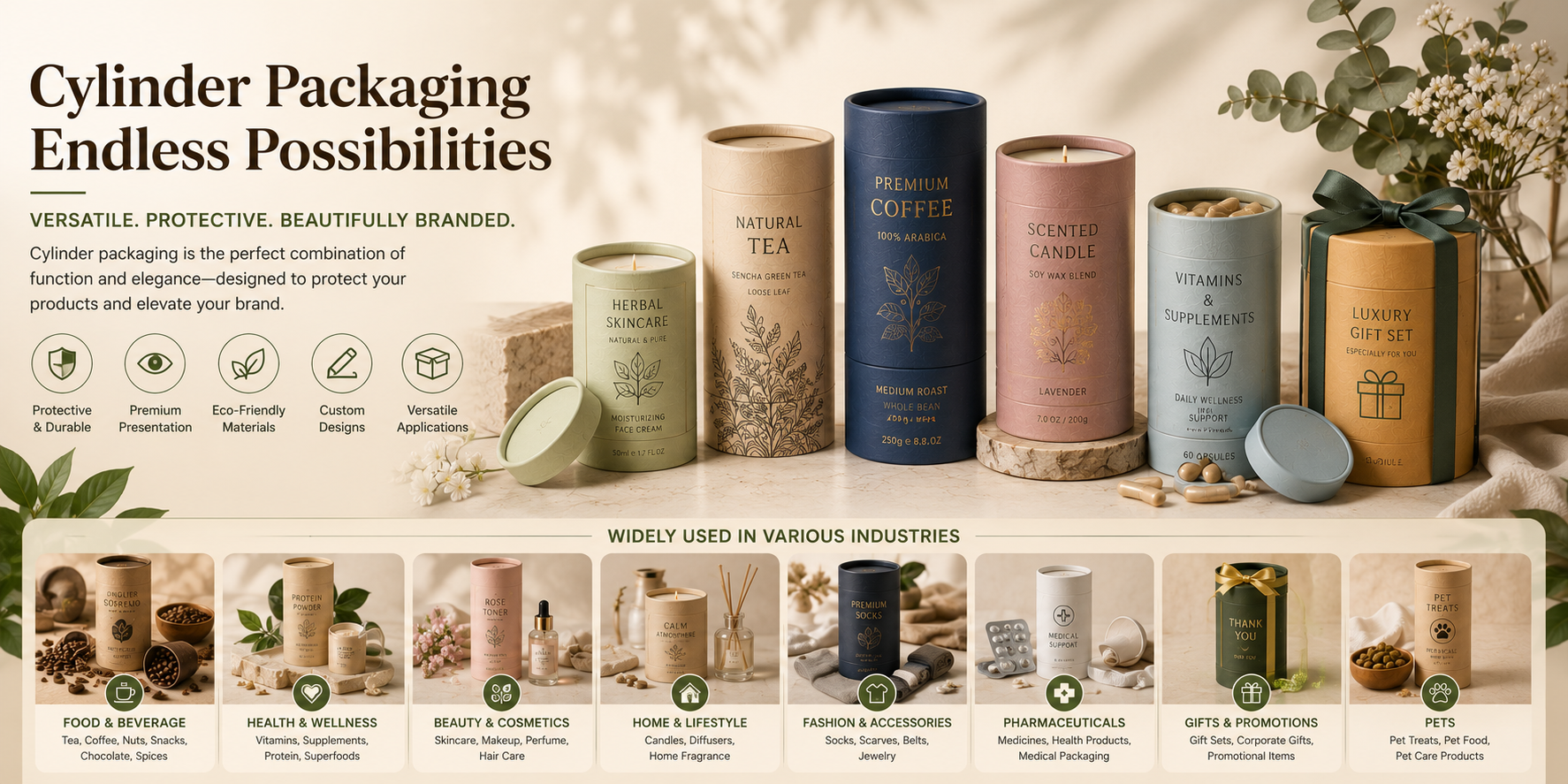 Custom cardboard cylinder packaging for food cosmetics candles tea gifts and retail products