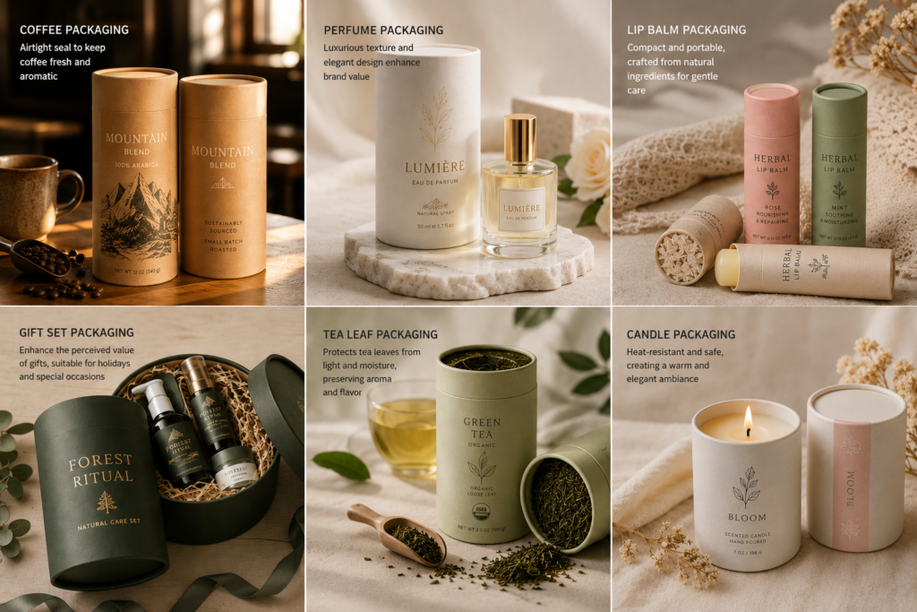 custom lip balm paper tubes custom perfume paper tubes coffee paper tube packaging with printed design custom gift paper tube packaging apparel paper tube packaging for clothing brands paper tube lids and closure options