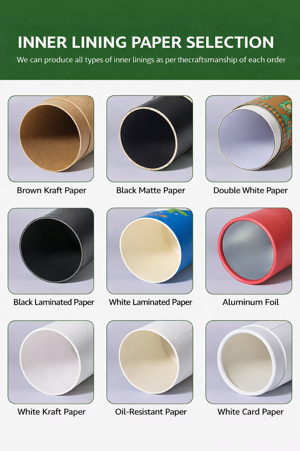 Coffee paper tube liner and inner material options including kraft white card and aluminum foil