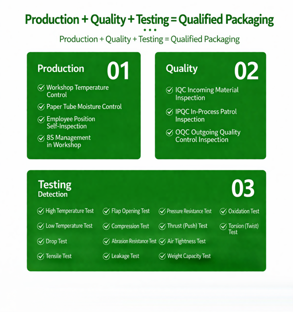 Paper tube quality testing for moisture control leakage compression and appearance