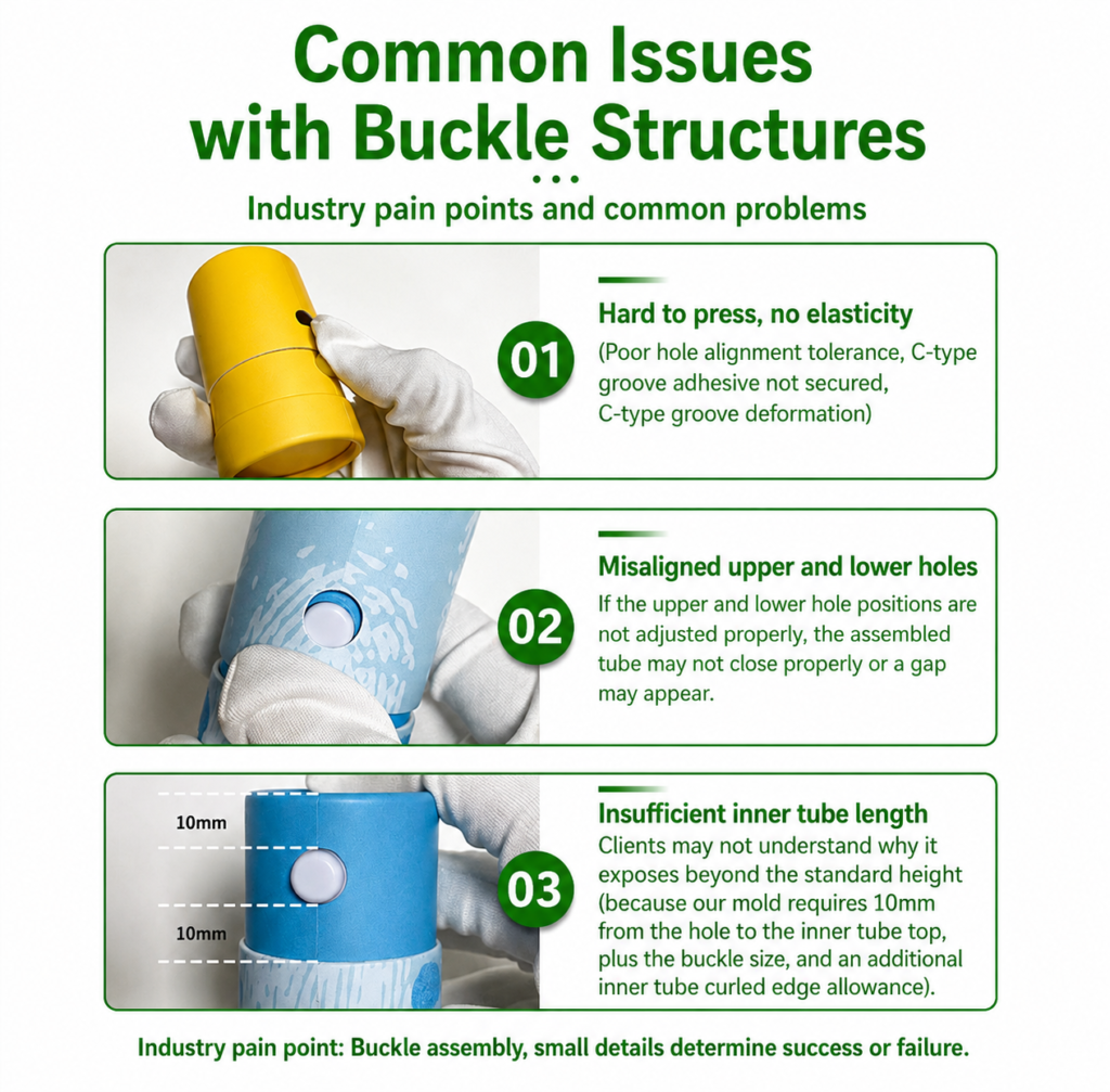 Common child-resistant buckle structure issues including hard pressing and misaligned holes