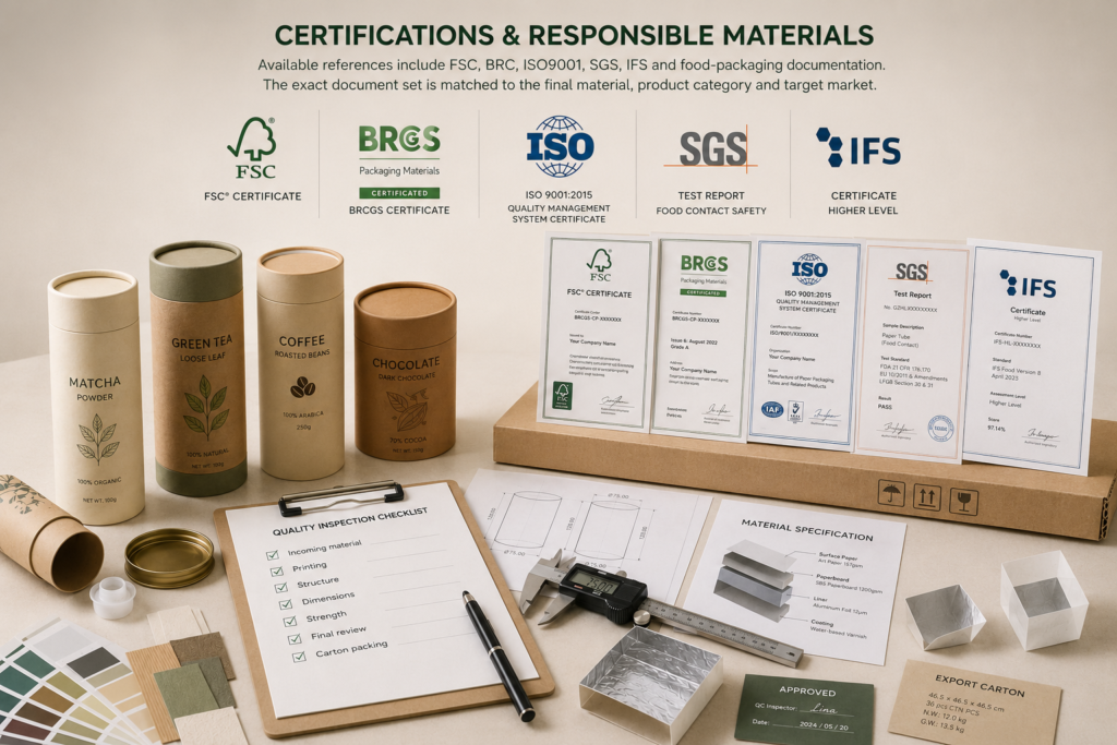 Xinhe paper tube certifications quality inspection checklist material specifications and responsible packaging documentation
