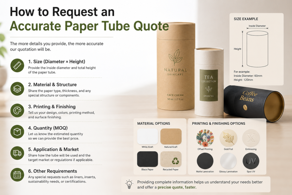 Paper tube quote guide showing size, materials, printing finishes, quantity and application details
