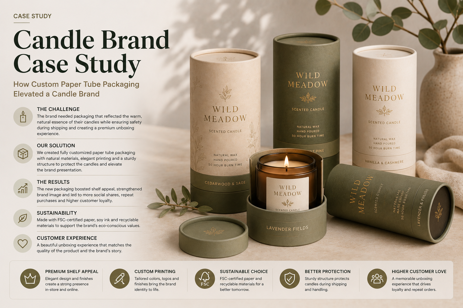 Candle brand case study featuring premium custom paper tube packaging for glass jar candles