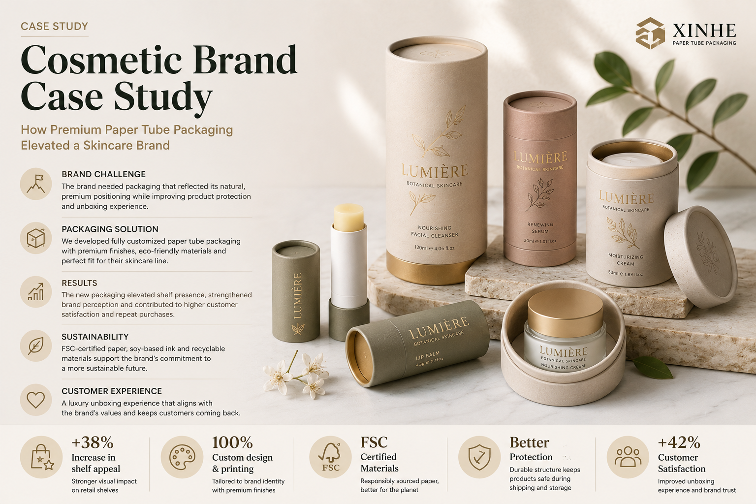 Cosmetic brand case study featuring premium custom paper tube packaging for a skincare product line
