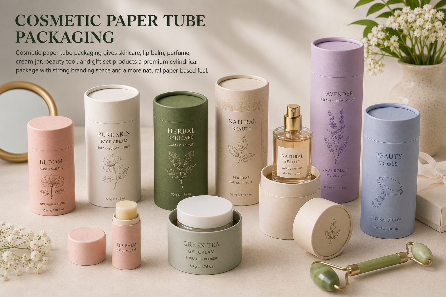 Custom cosmetic paper tube packaging for skincare face cream perfume lip balm beauty tools and gift sets