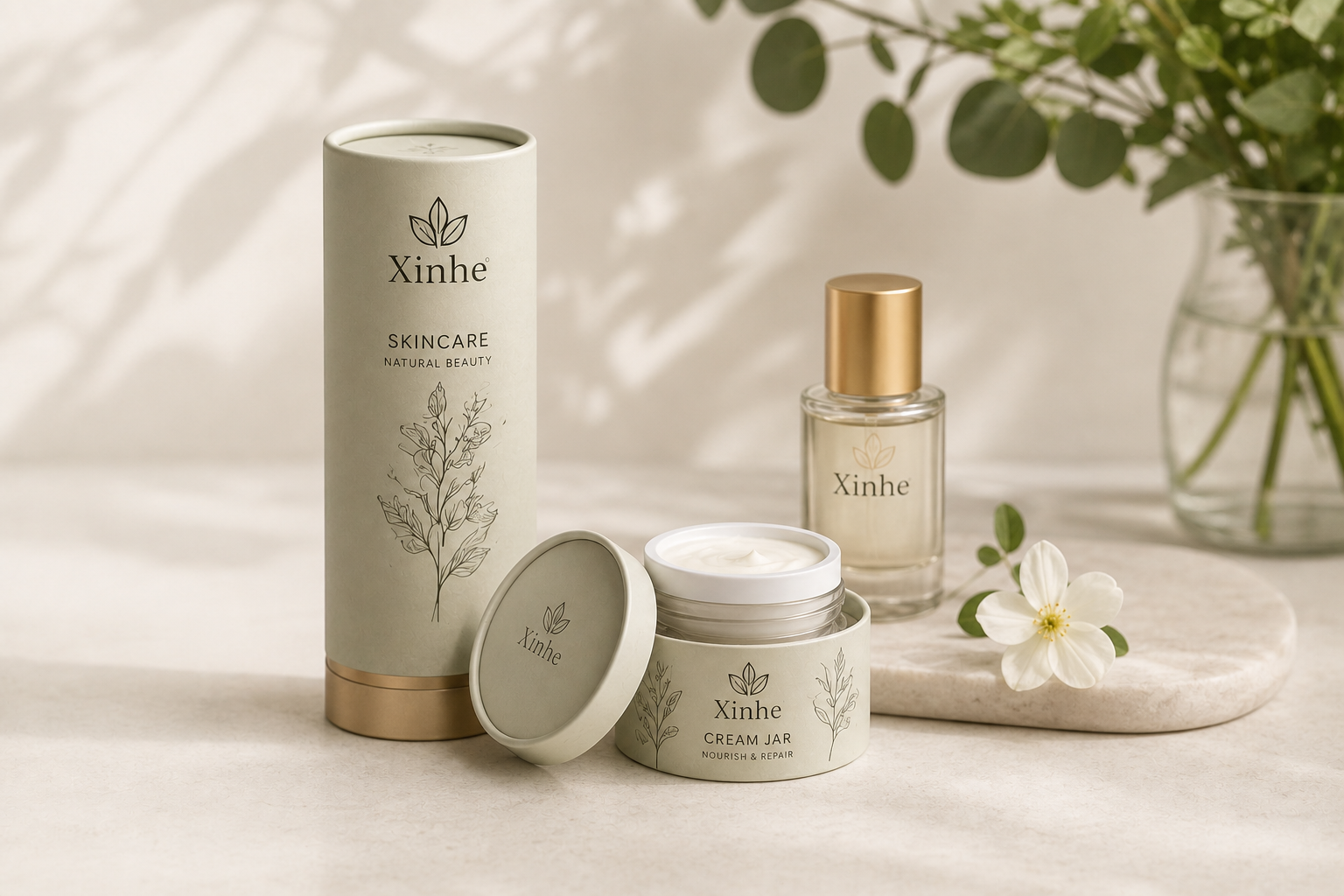 Luxury skincare cream jar and bottle with custom paper tube packaging