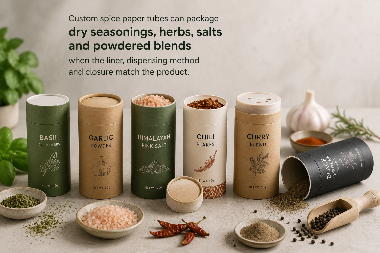 Custom spice paper tube packaging for herbs salts chili flakes curry powder garlic and black pepper