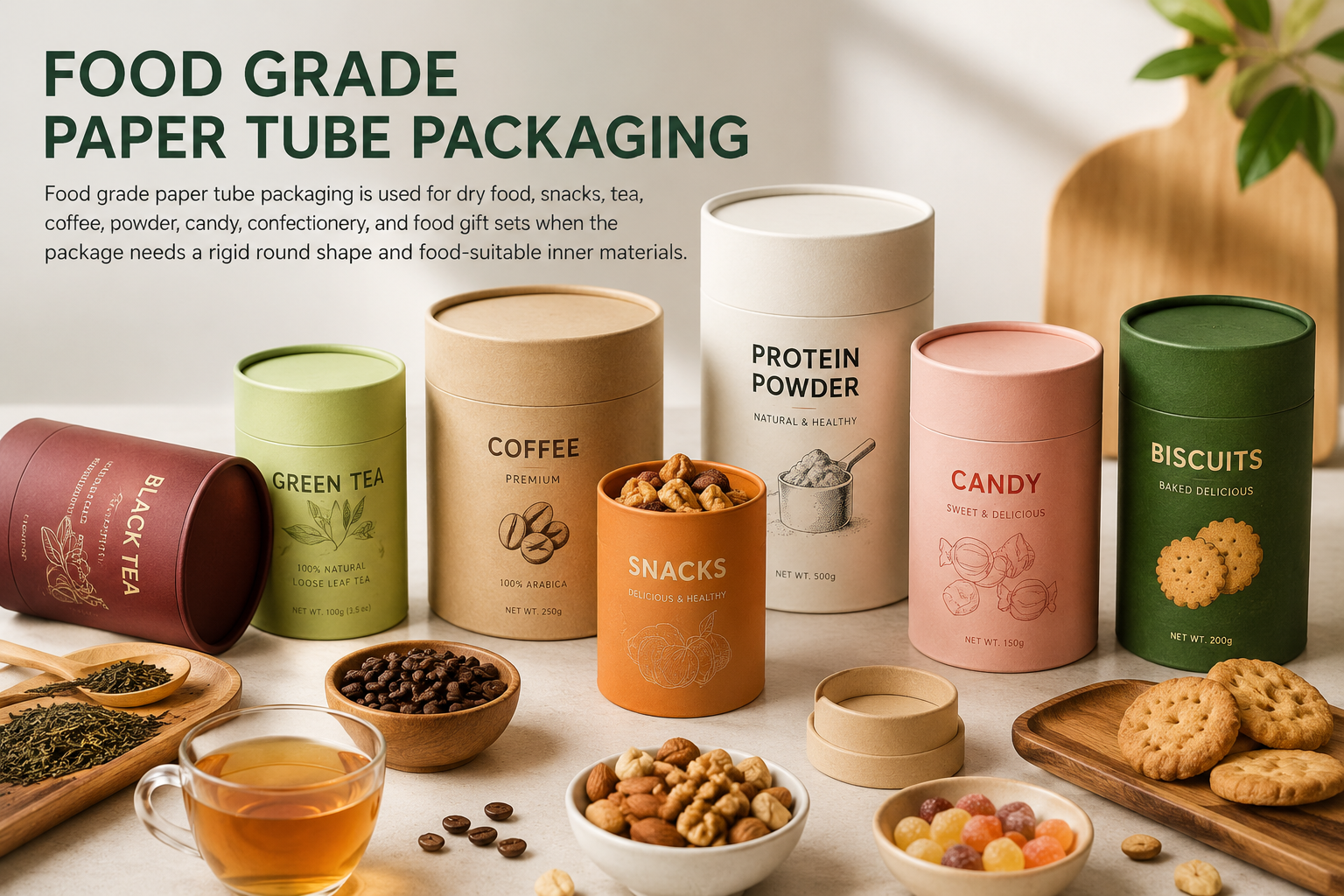 Custom food grade paper tube packaging for tea coffee protein powder snacks candy and biscuits