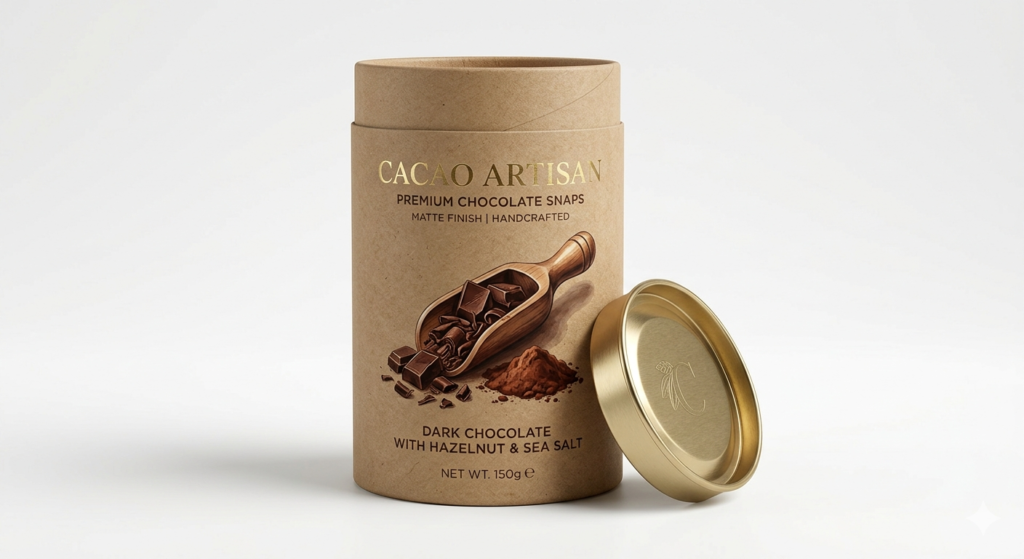Food paper tube packaging with kraft cylinder chocolate label and gold tin cap