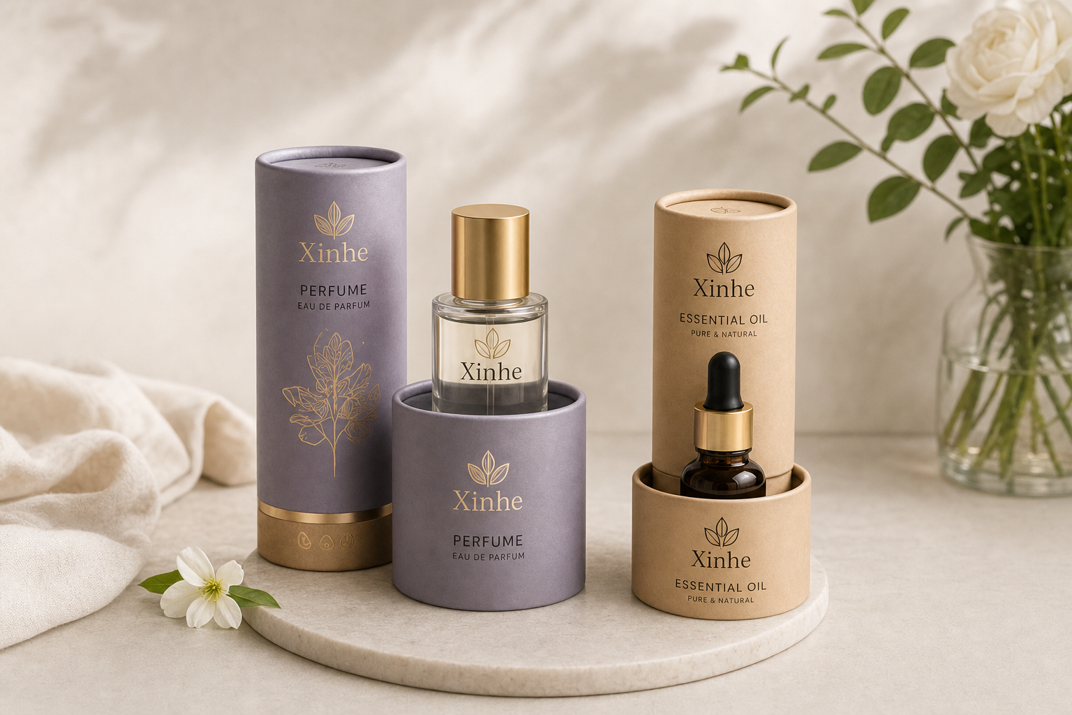 Luxury perfume and essential oil bottles with custom paper tube packaging