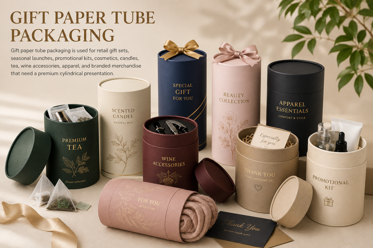 Custom gift paper tube packaging for premium tea candles cosmetics wine accessories apparel and promotional kits