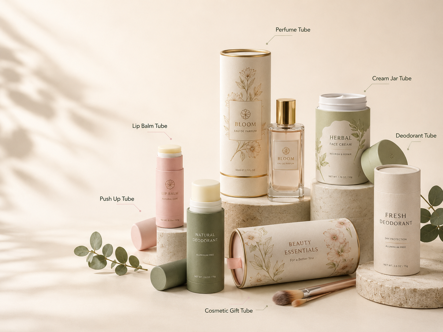 Cosmetic and personal care paper tubes for perfume cream lip balm deodorant and beauty gift packaging
