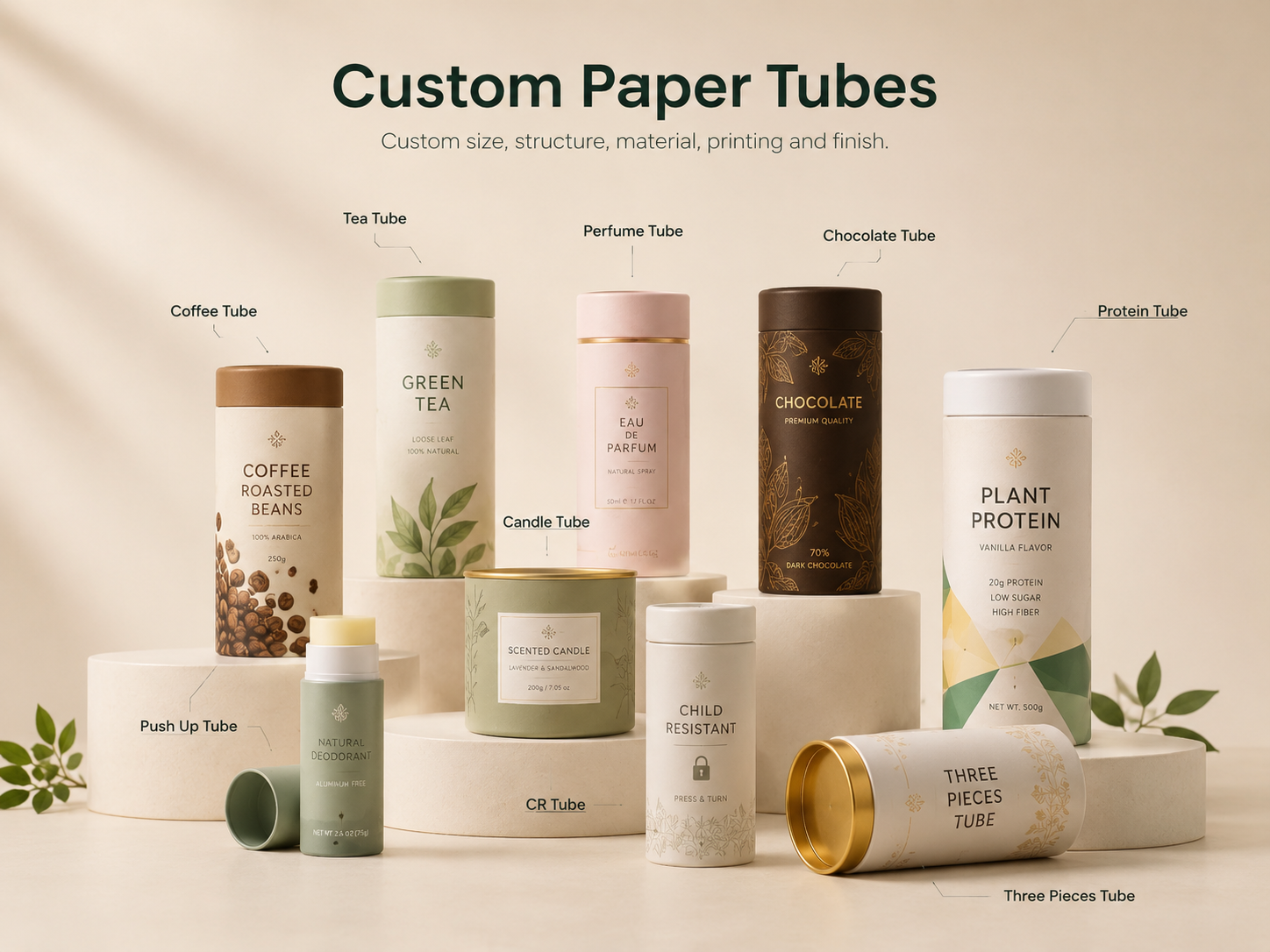Custom paper tubes for coffee tea perfume chocolate protein candle deodorant and child resistant packaging