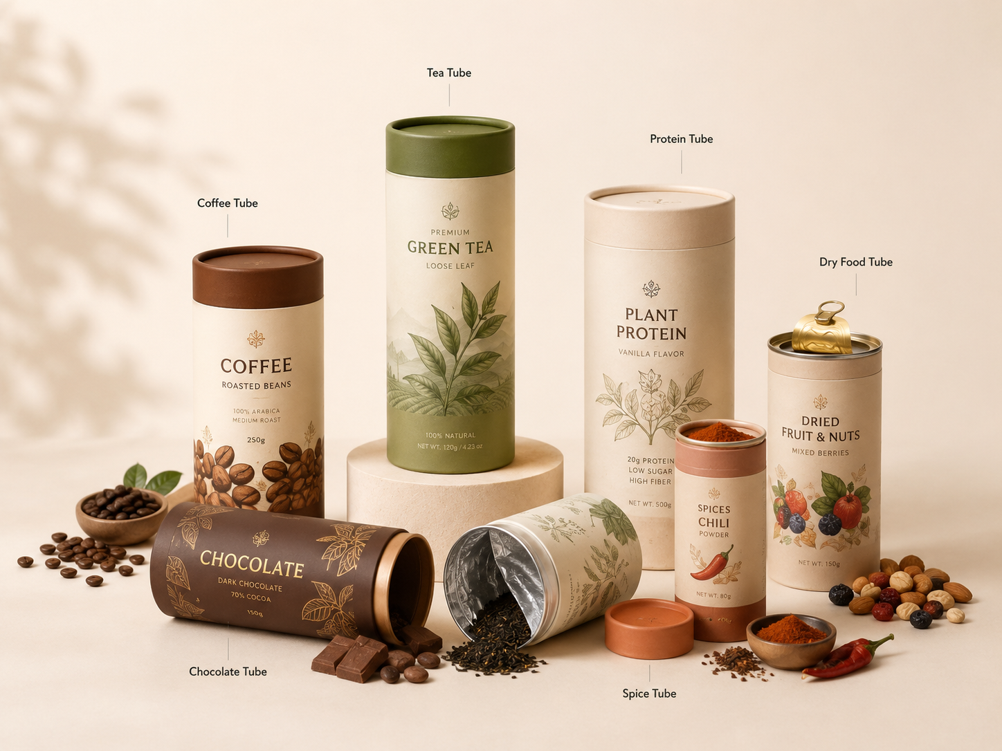 Food grade paper tubes for coffee tea protein chocolate spices dried fruit and nuts