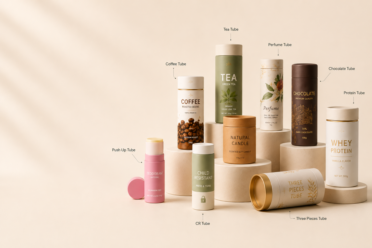 Custom paper tube packaging for tea coffee perfume chocolate protein candle deodorant and child resistant products