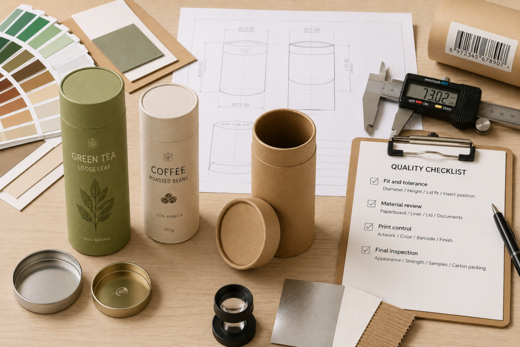 Paper tube quality control review with dimensional drawing caliper materials lids barcode and inspection checklist