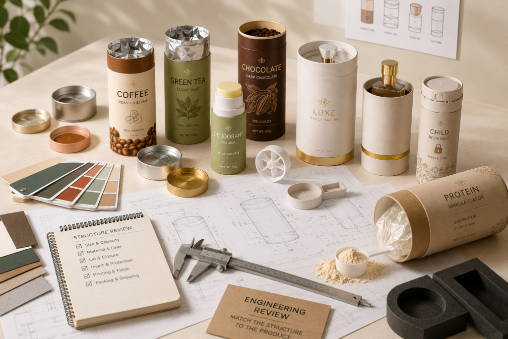 Paper tube packaging engineering review with material samples technical drawings liners lids inserts and product structures