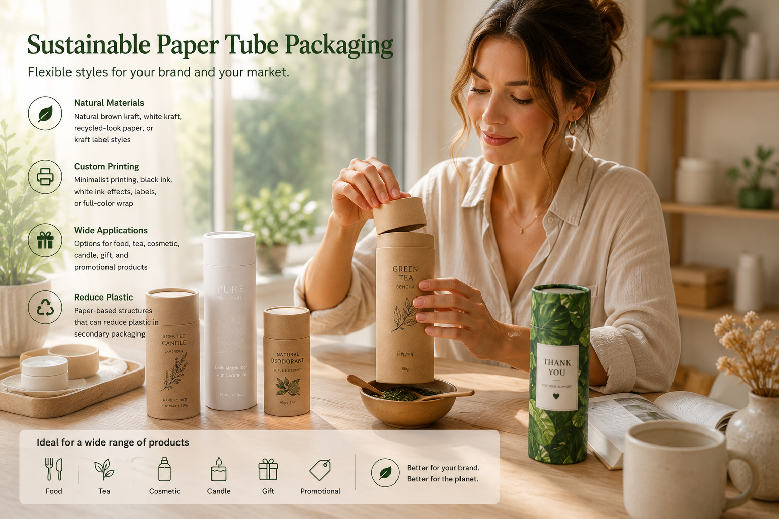 Lifestyle use of sustainable custom kraft paper tube packaging