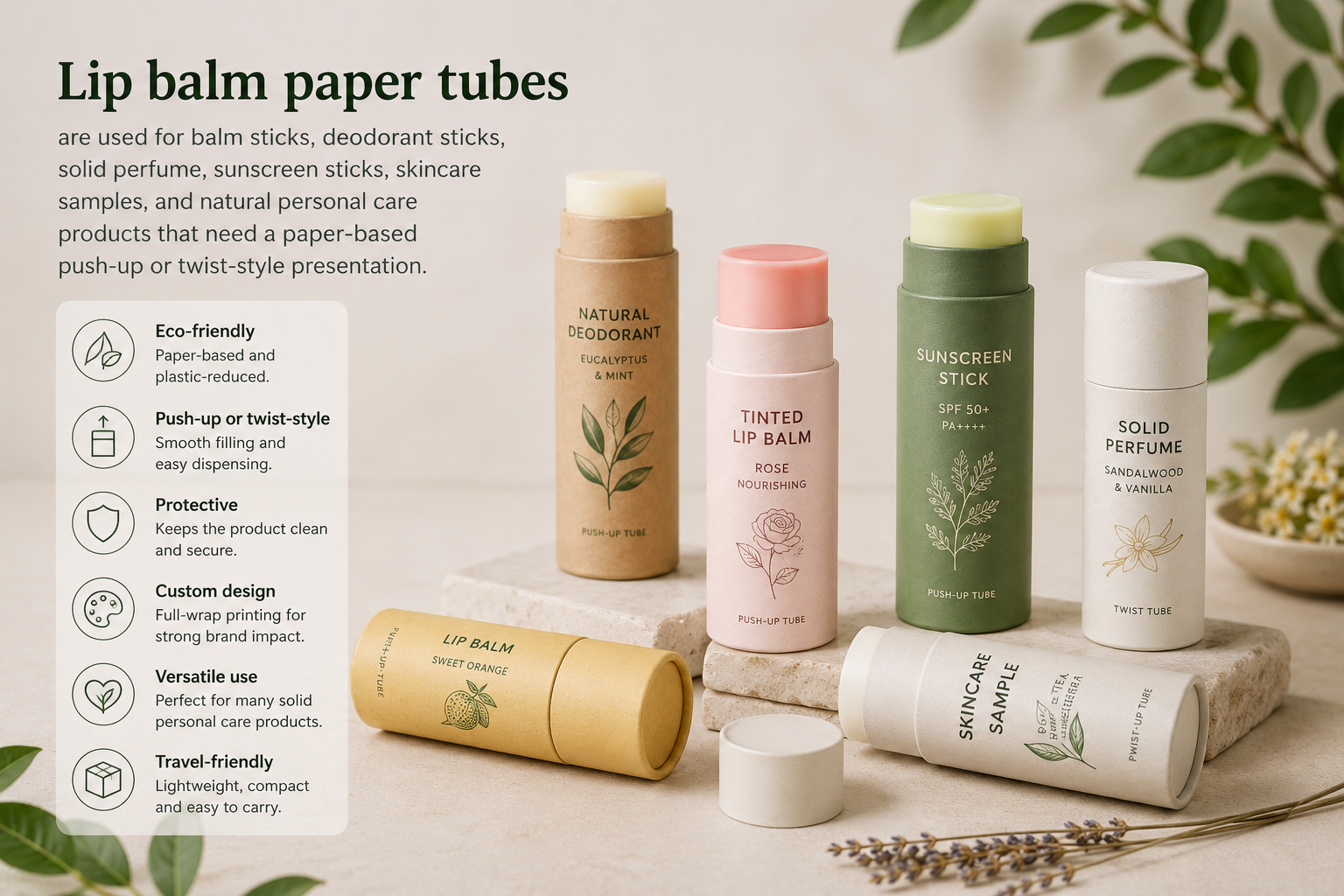 Custom lip balm paper tubes for deodorant solid perfume sunscreen skincare and natural personal care products