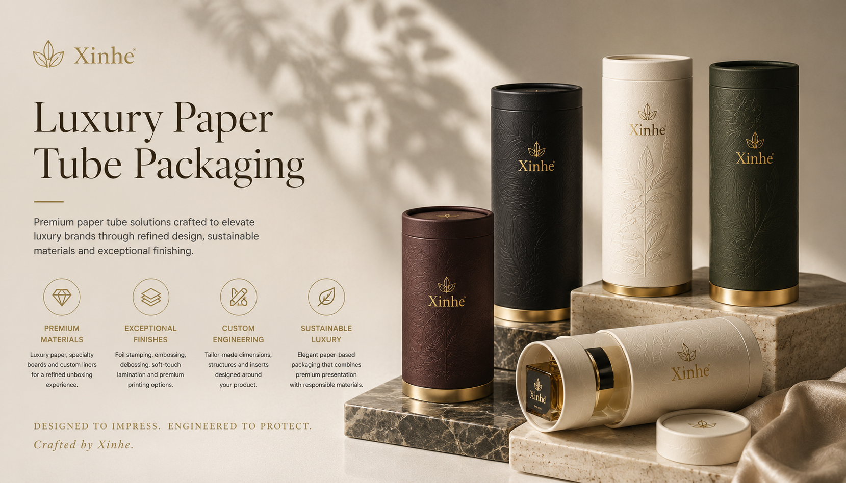 Luxury paper tube packaging with embossed black ivory burgundy and forest green finishes