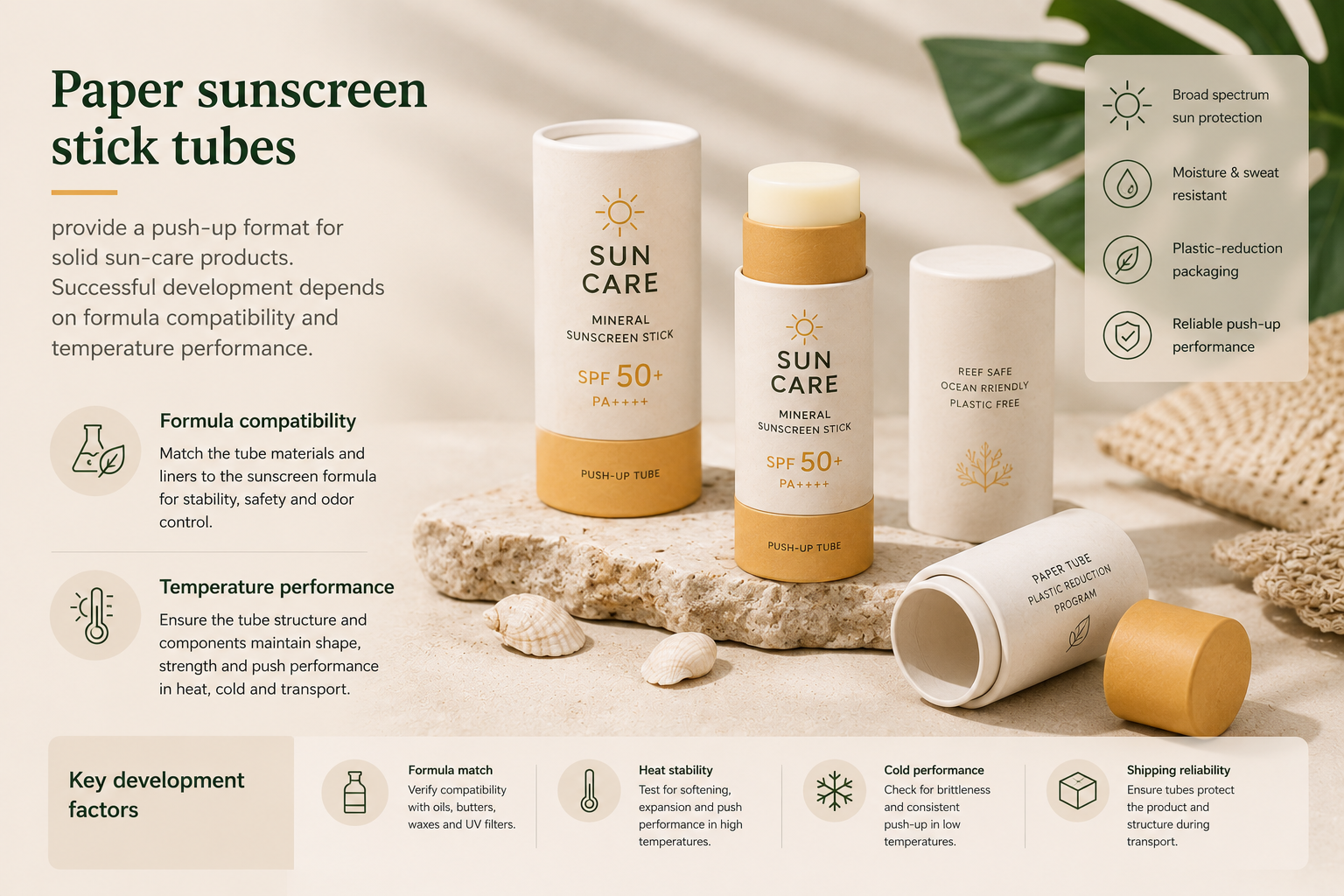 Custom paper sunscreen stick tubes for solid sun care products with formula compatibility and temperature performance review