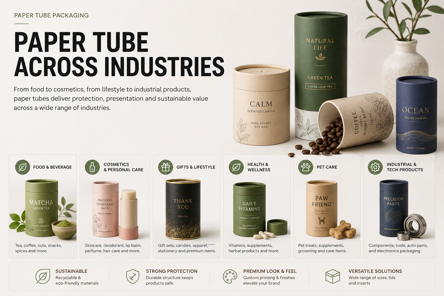 Paper tube packaging applications across food, cosmetics, gifts, health, pet care and industrial products