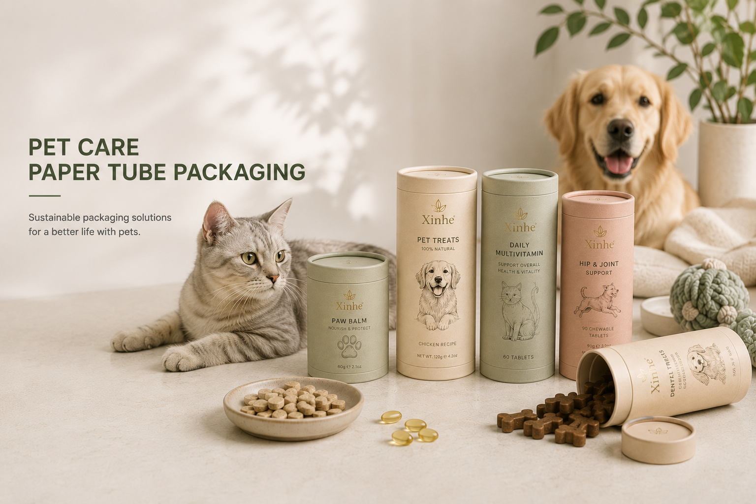 Pet care paper tube packaging for treats supplements paw balm dental chews cats and dogs