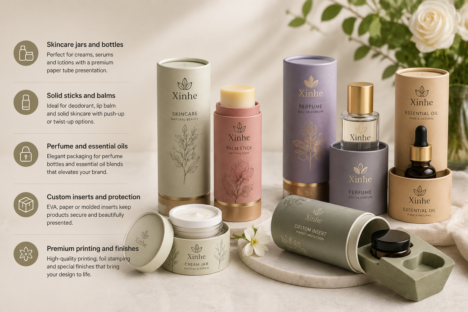 Luxury custom cosmetic paper tube packaging for skincare balm perfume essential oils cream jars and protective inserts