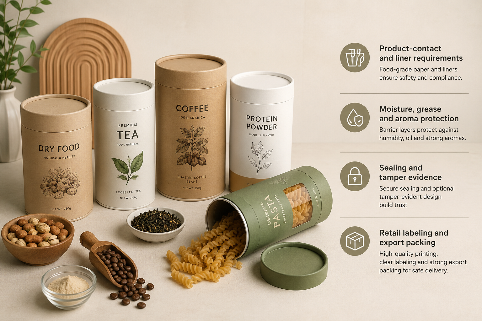 Custom food paper tube packaging for dry food tea coffee protein powder pasta nuts and spices