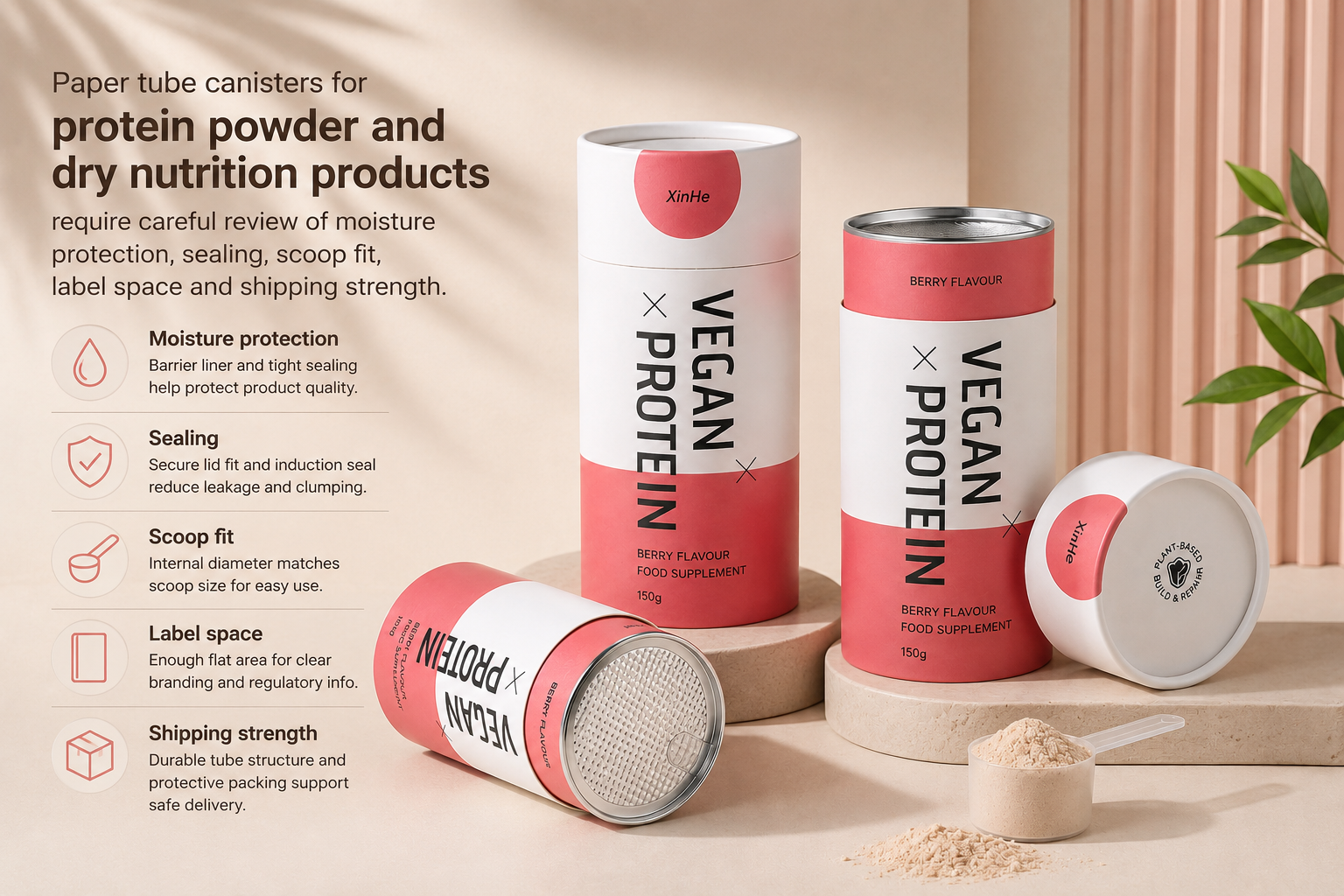 Custom protein powder paper tube packaging with moisture barrier sealing scoop fit label space and shipping strength