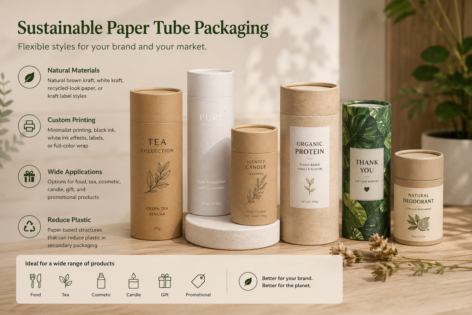 Sustainable custom kraft paper tube packaging for food tea cosmetics candles gifts and promotional products