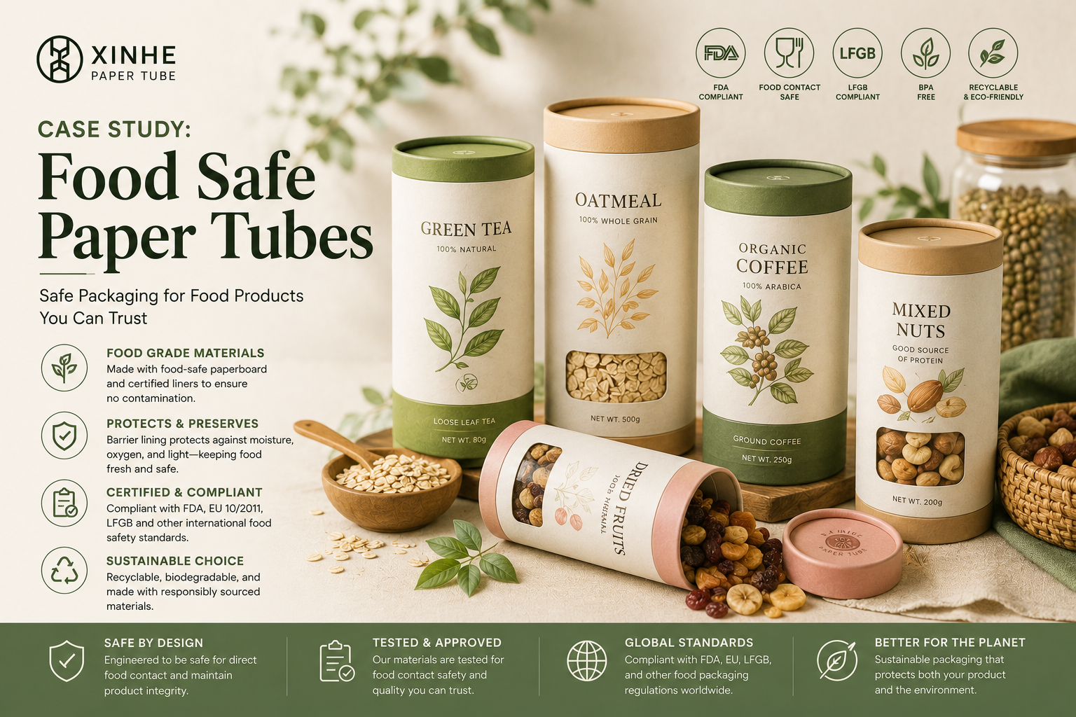 Food-safe paper tube packaging for tea, oats, coffee, nuts and dried fruit