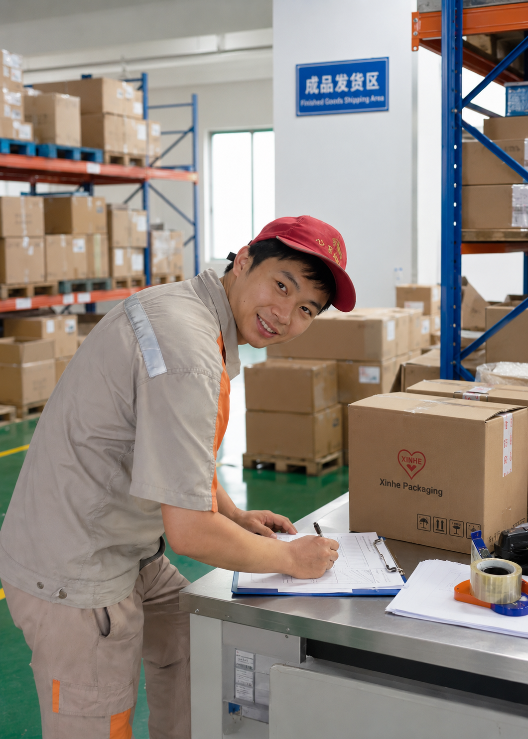 XinHe logistics and customer support team member preparing finished goods for shipment