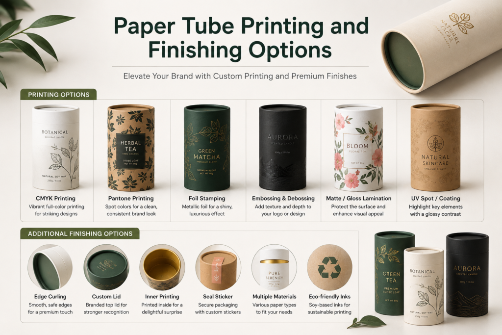 Paper tube printing and finishing options including CMYK, Pantone, foil stamping, embossing, lamination and spot UV