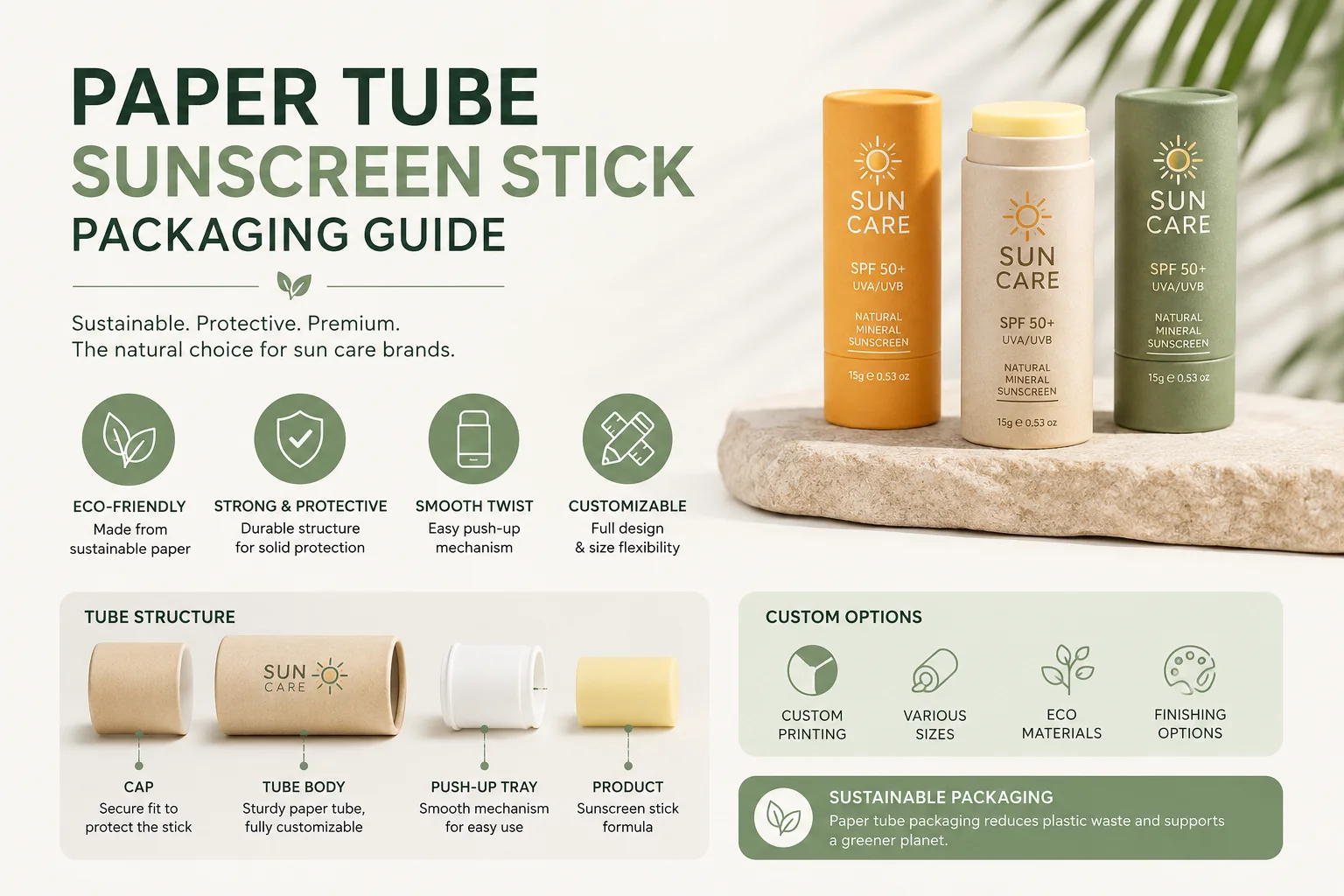 Paper tube sunscreen stick packaging with push-up structure and custom paper finishes
