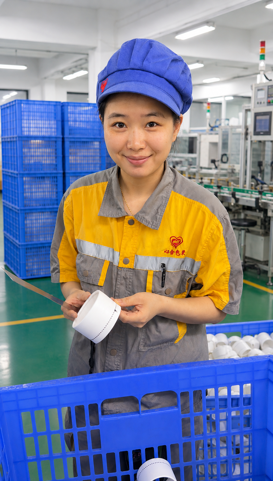 XinHe quality control specialist inspecting paper tube packaging