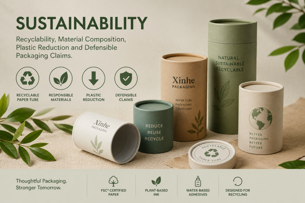 Recyclable paper tube packaging in kraft and green paper with sustainability icons