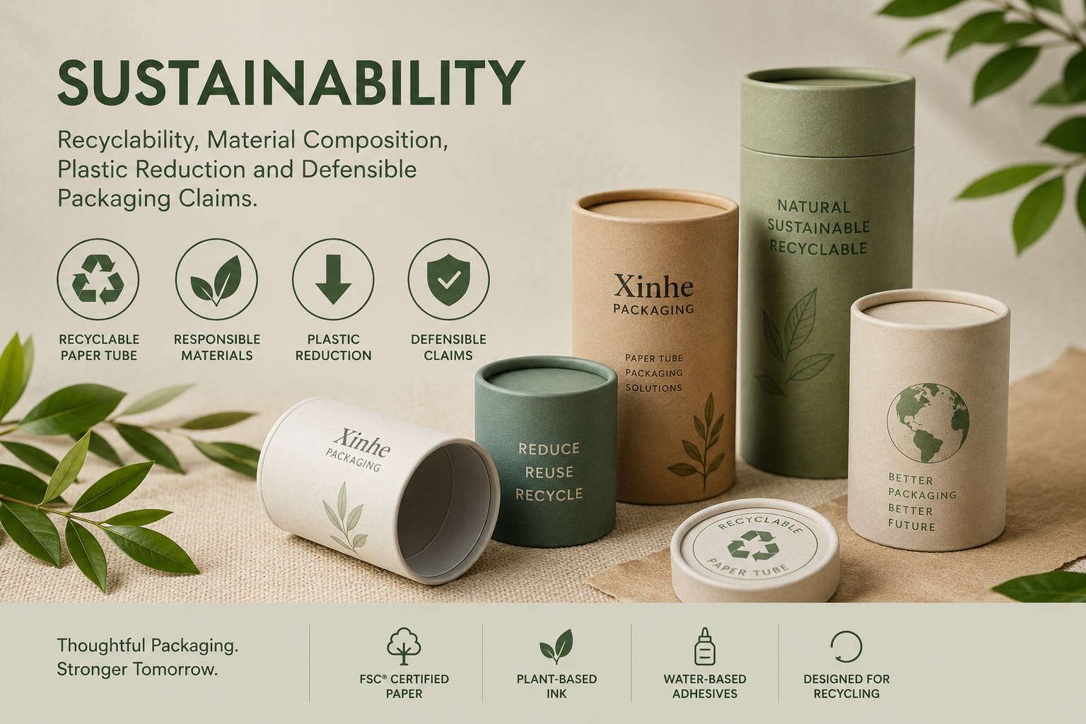 Recyclable paper tube packaging made with kraft and green paper materials