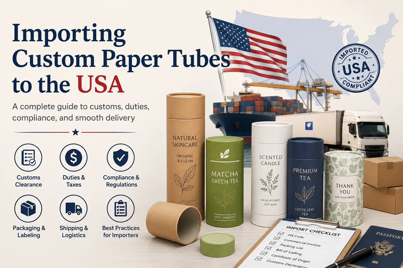 Custom kraft paper tubes prepared for import to the USA with customs and shipping checklist