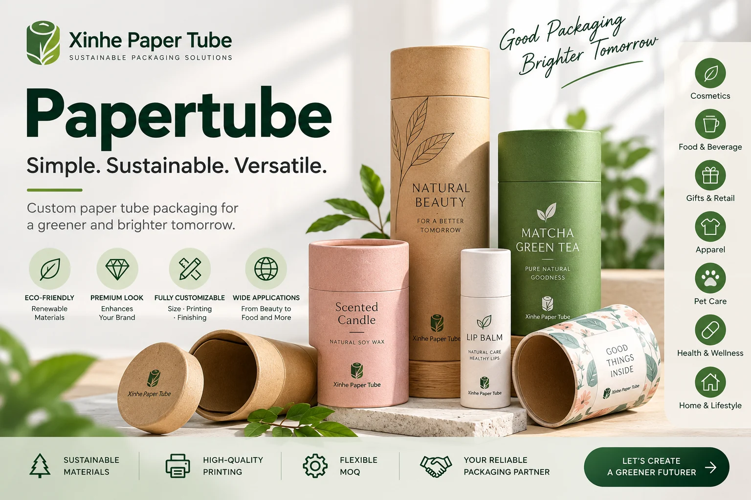Xinhe custom paper tube packaging in kraft, green, pink and printed finishes for cosmetics, tea, candles and gifts